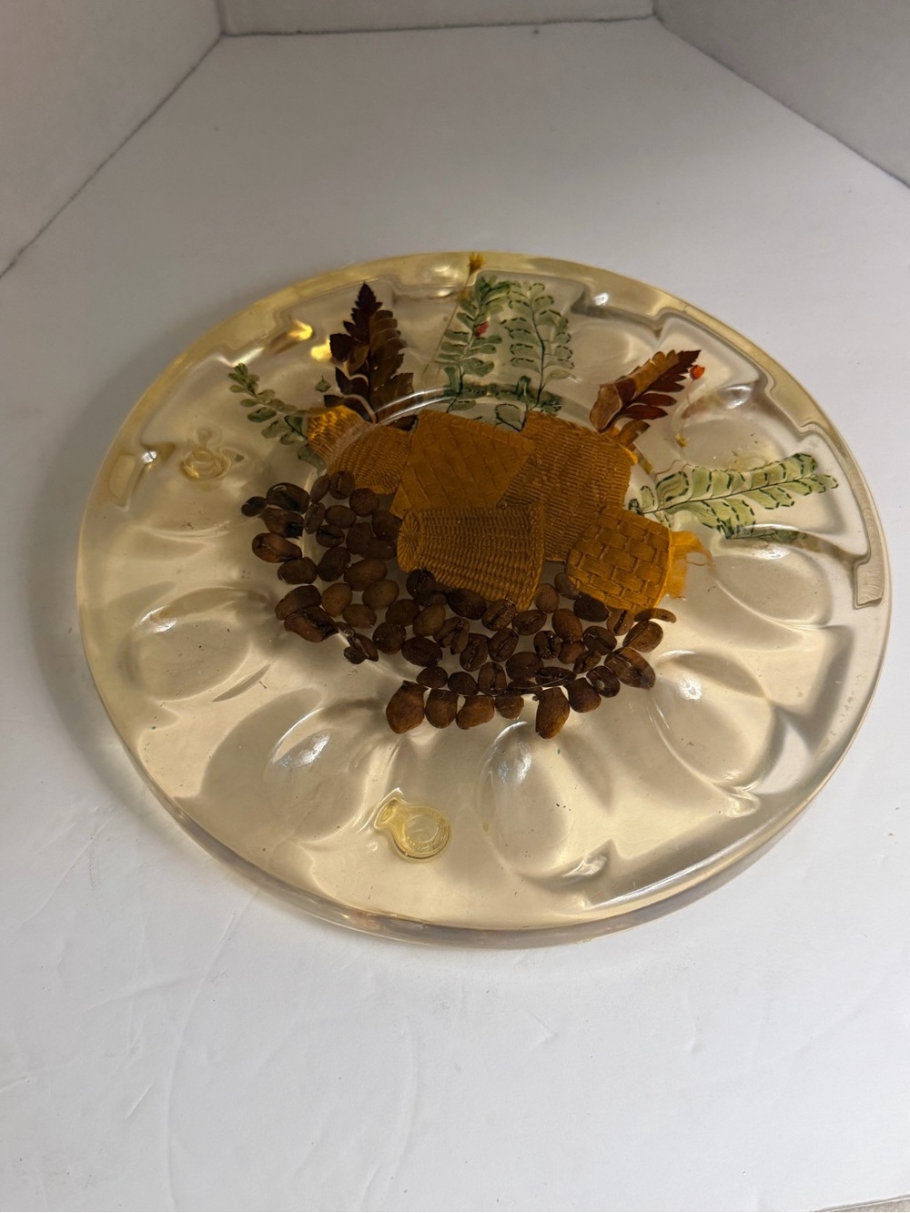 Lucite Acrylic Amber Resin Baskets Beans & Fern Decorative Devilled Egg Dish
